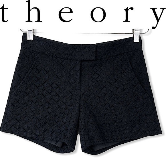 Theory Black Eyelet Embroidered City Dress Shorts Size 2 Preppy Classic Boho - Picture 2 of 14